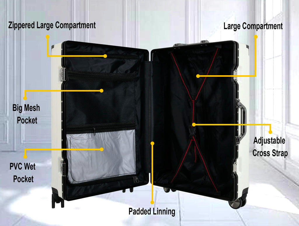 EB EVER BEST-Series Of Bags Polycarbonate Hard Case Aluminum Frame Suitcase with USB Port, Cup Holder, Phone Holder, Lightweight, 4 Quite 360° Double Wheels Trolley Bag, White, Set of 3 (20/24/28