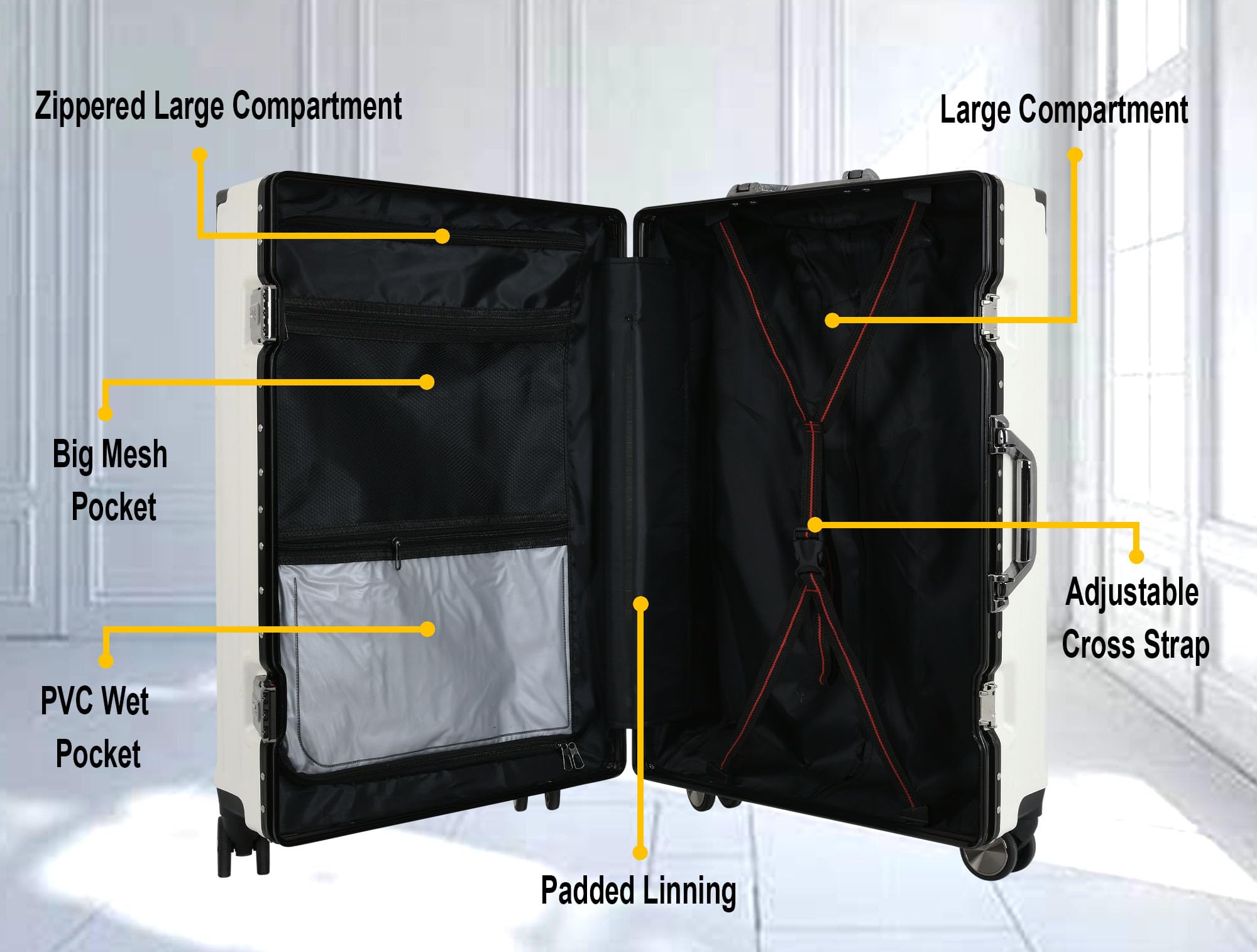 EB EVER BEST-Series Of Bags Polycarbonate Hard Case Aluminum Frame Suitcase with USB Port, Cup Holder, Phone Holder, Lightweight, 4 Quite 360° Double Wheels Trolley Bag, White, Set of 3 (20/24/28