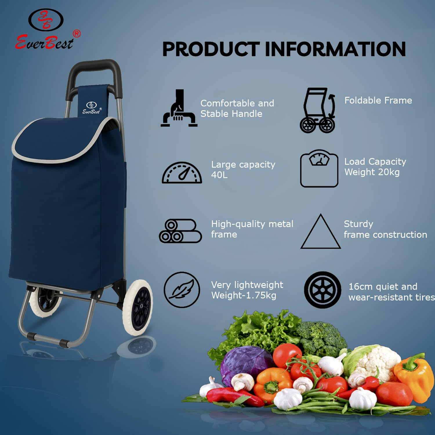 Everbest Shopping Trolley Bag with 2 Wheels | Foldabe and Collapsible | Grocery Bag for Fruits and Vegetables | Removable Luggaage Bag with 38 litres Capacity