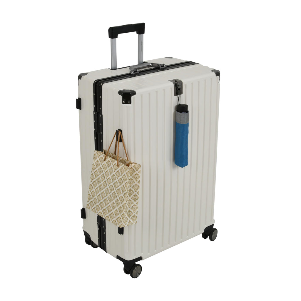 EB EVER BEST-Series Of Bags Polycarbonate Hard Case Aluminum Frame Suitcase with USB Port, Cup Holder, Phone Holder, Lightweight, 4 Quite 360° Double Wheels Trolley Bag, White, Set of 3 (20/24/28