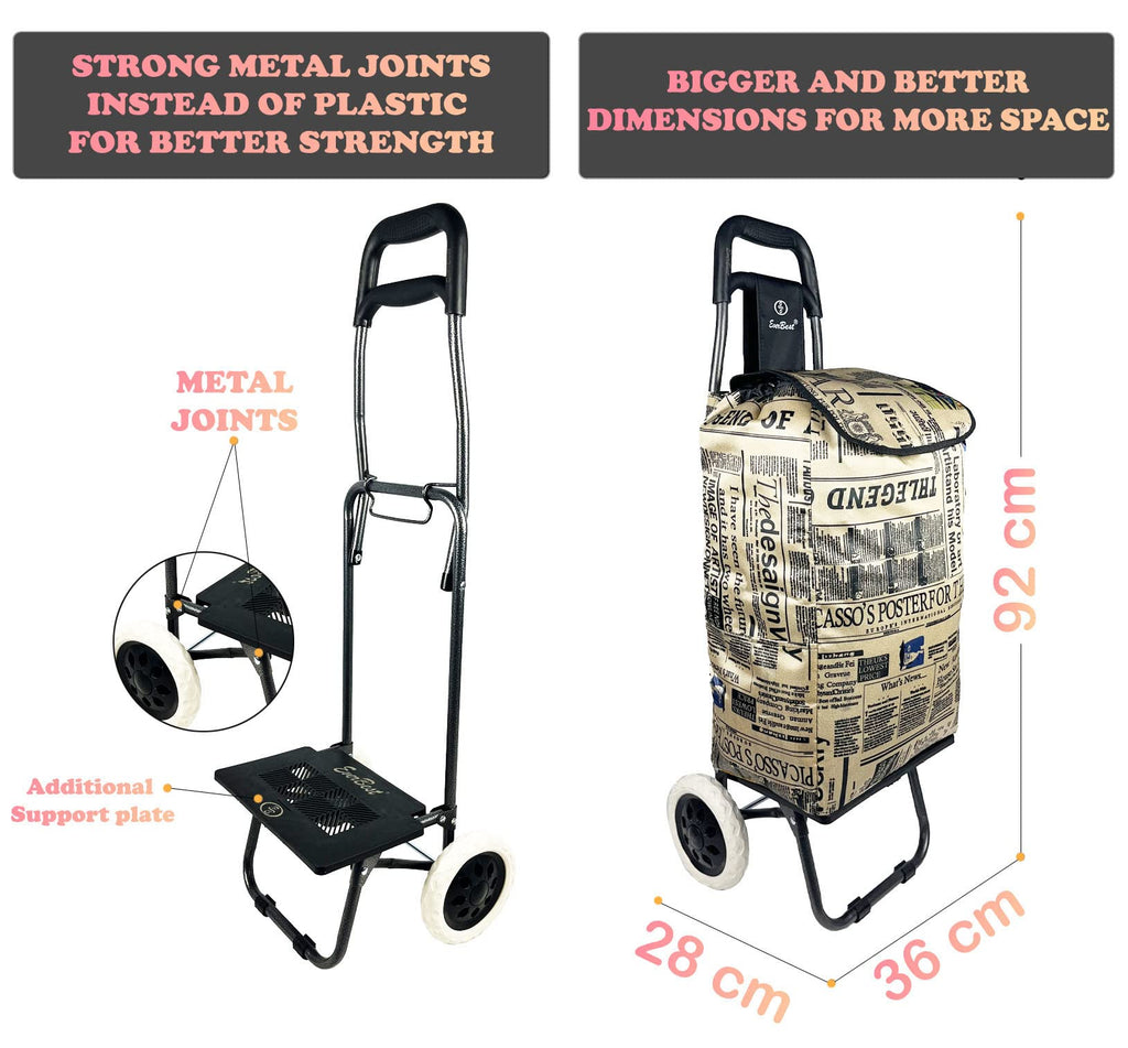 Eb Ever Best-Series Of Bags Foldable Shopping Trolley Bag with Wheels, Grocery, Fruits & Vegetables Cartbasket, 38 litres Capacity, Beige