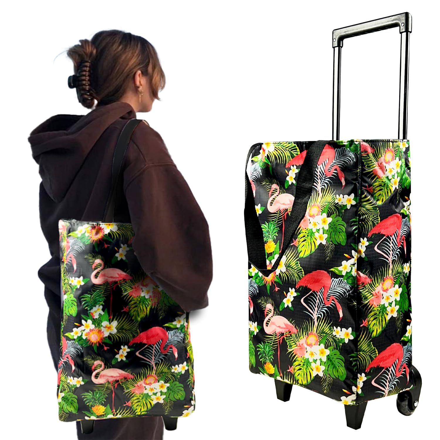 EverBest Foldable Shopping Bag with Wheels Folding Shopping Trolley Tote Bag on Wheels Collapsible Shopping Cart (Flower)