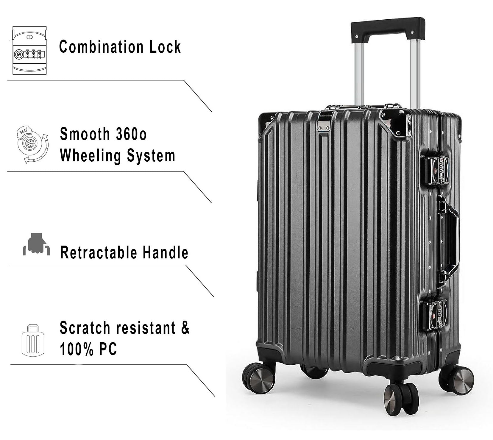 Vintage 22 Inch Grey Aluminum Suitcase – Hard Shell Luggage with TSA Lock & Spinner Wheels