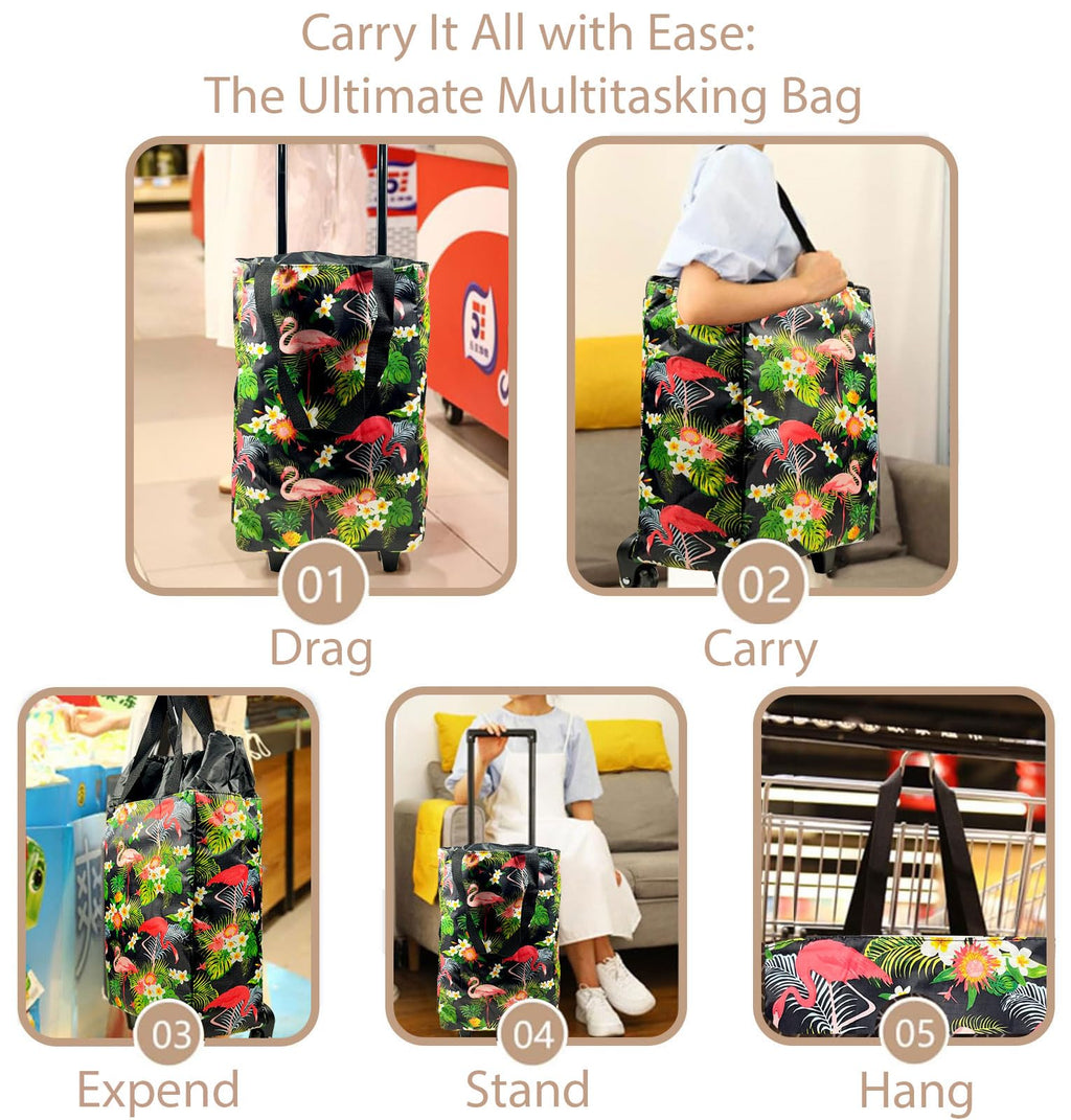 EverBest Foldable Shopping Bag with Wheels Folding Shopping Trolley Tote Bag on Wheels Collapsible Shopping Cart (Flower)
