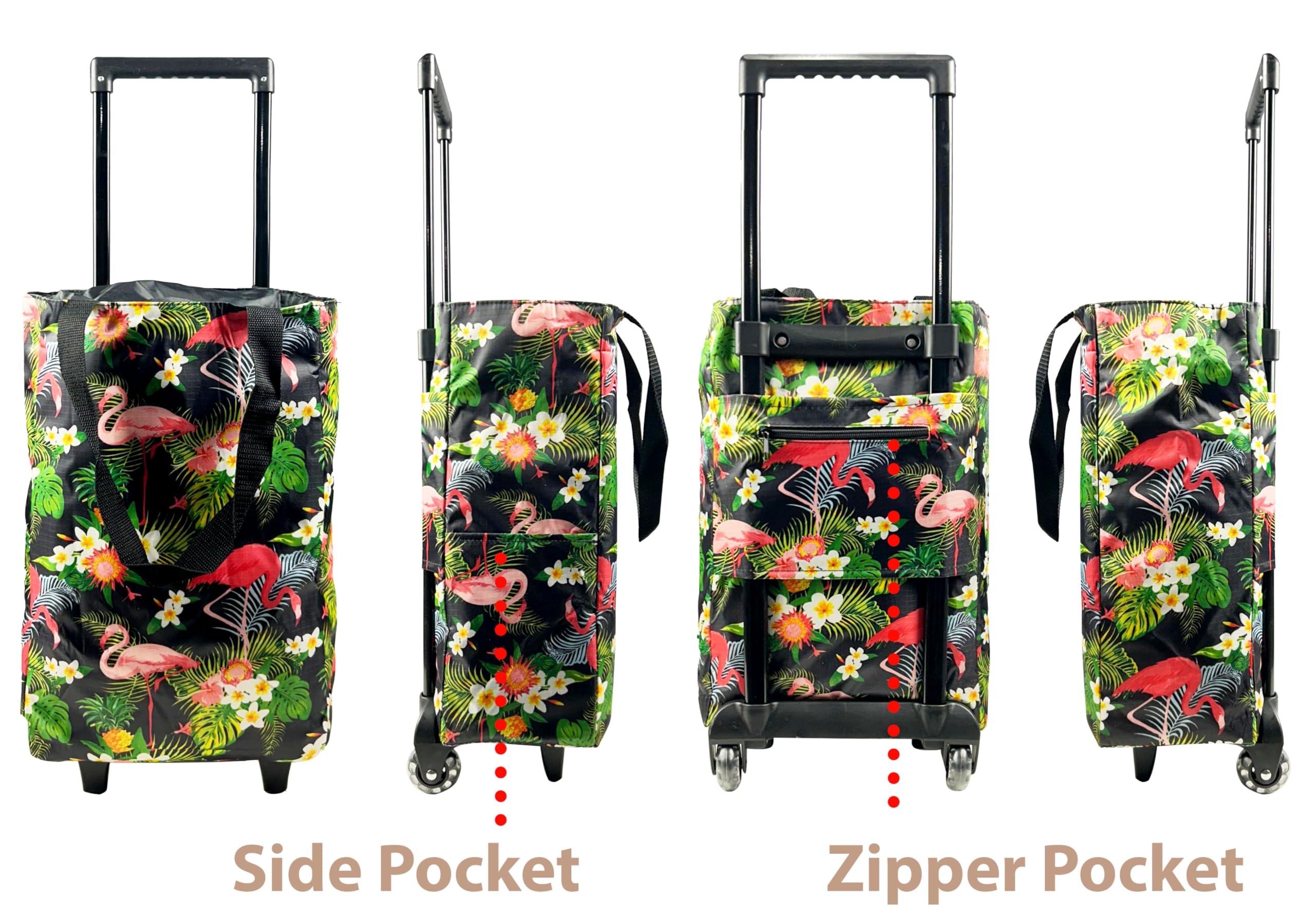 EverBest Foldable Shopping Bag with Wheels Folding Shopping Trolley Tote Bag on Wheels Collapsible Shopping Cart (Flower)
