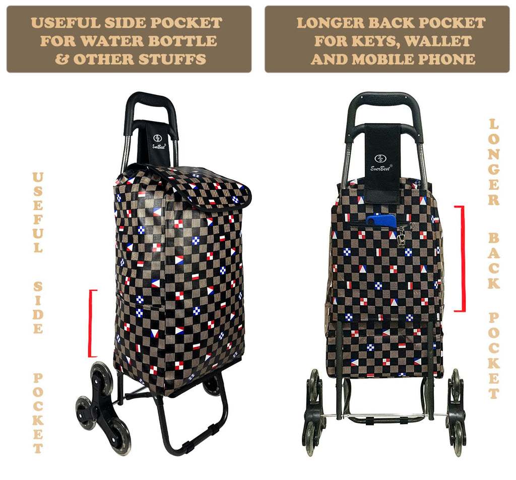 EverBest Stair Climbing Collapsible Shopping Trolley Bag with Wheels | 2 Year Warranty | Grocery, Fruits, Vegetables Basket | Laundry Cart | 38 litres Capacity, Brown Chess, Standard, modern