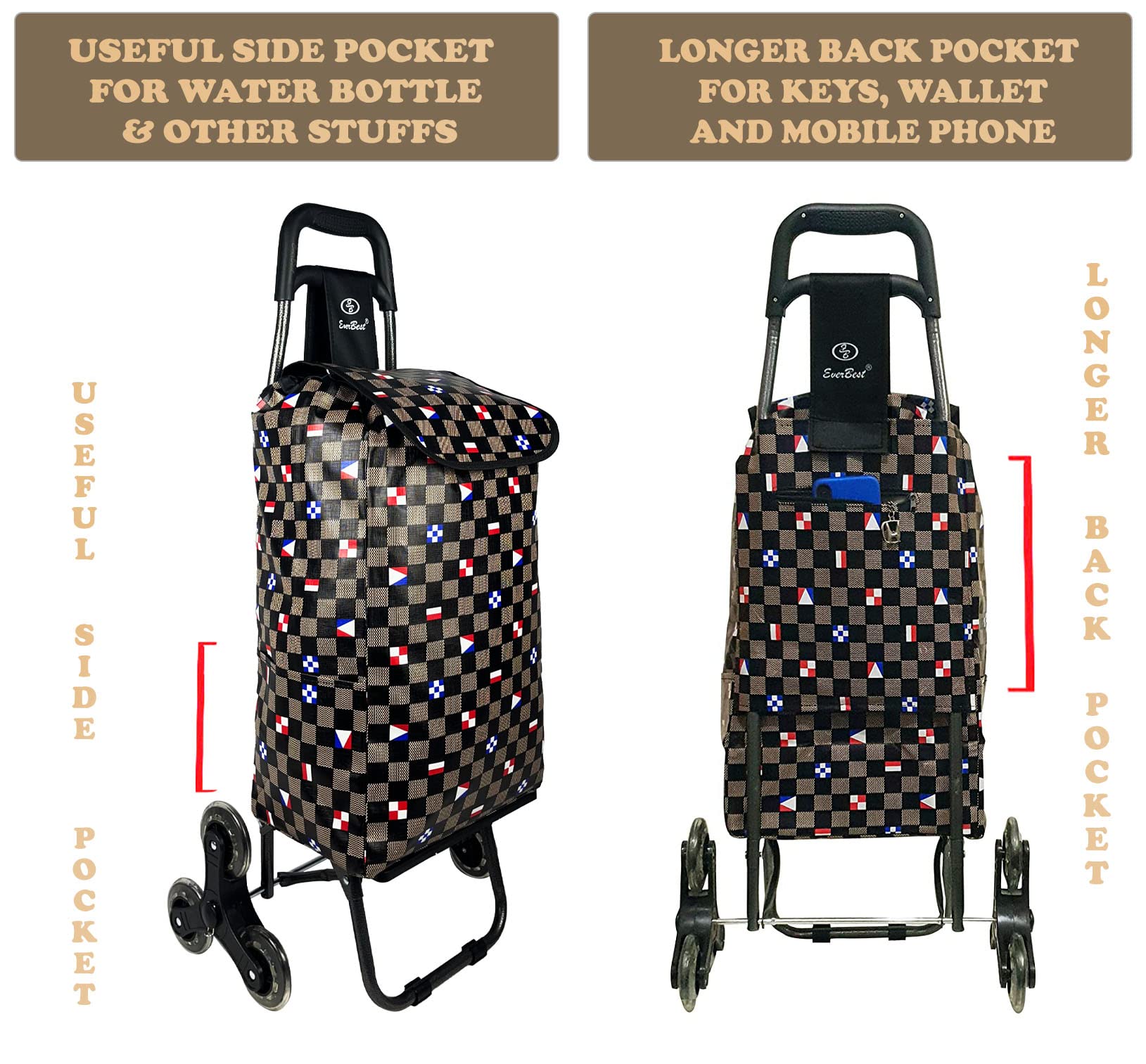 EverBest Stair Climbing Collapsible Shopping Trolley Bag with Wheels | 2 Year Warranty | Grocery, Fruits, Vegetables Basket | Laundry Cart | 38 litres Capacity, Brown Chess, Standard, modern