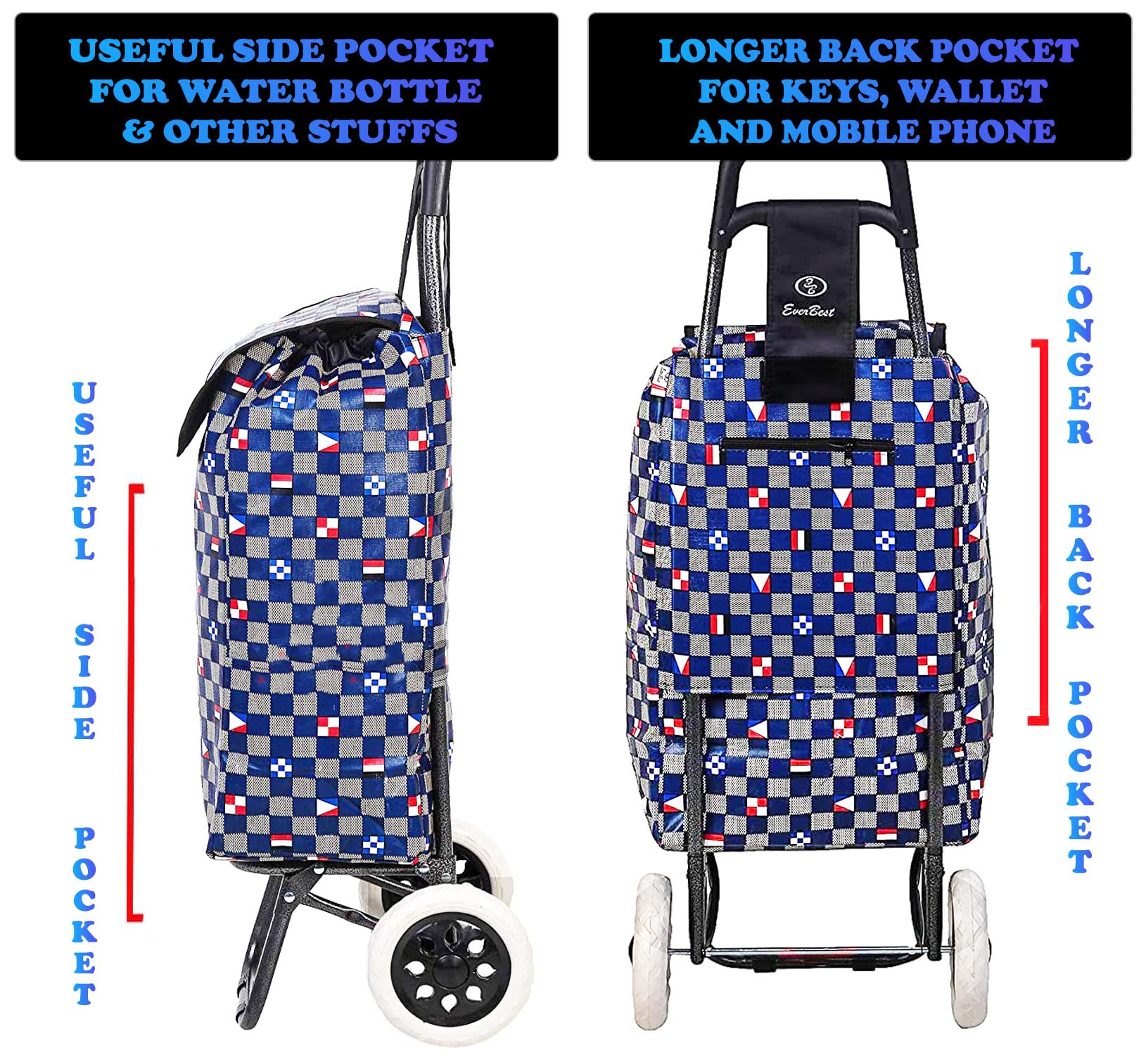 EB EVER BEST-Series Of Bags Foldable Shopping Trolley Bag | 2 Year Warranty | Blue Chess