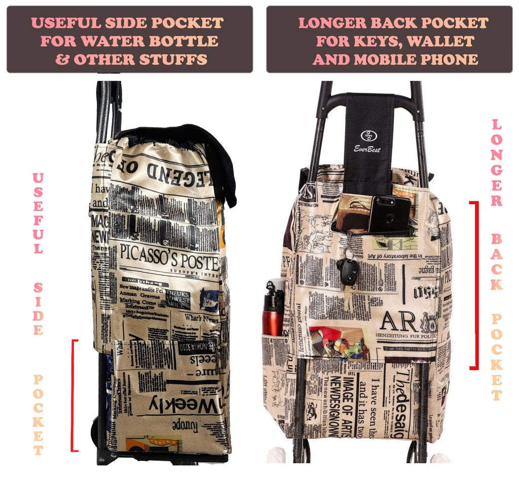 Eb Ever Best-Series Of Bags Foldable Shopping Trolley Bag with Wheels, Grocery, Fruits & Vegetables Cartbasket, 38 litres Capacity, Beige