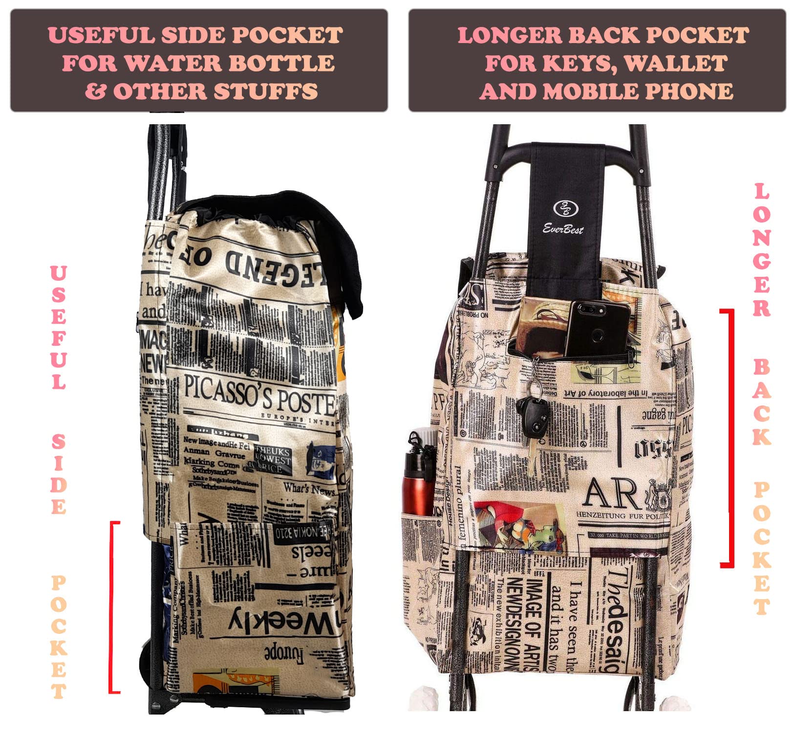 Eb Ever Best-Series Of Bags Foldable Shopping Trolley Bag with Wheels, Grocery, Fruits & Vegetables Cartbasket, 38 litres Capacity, Beige