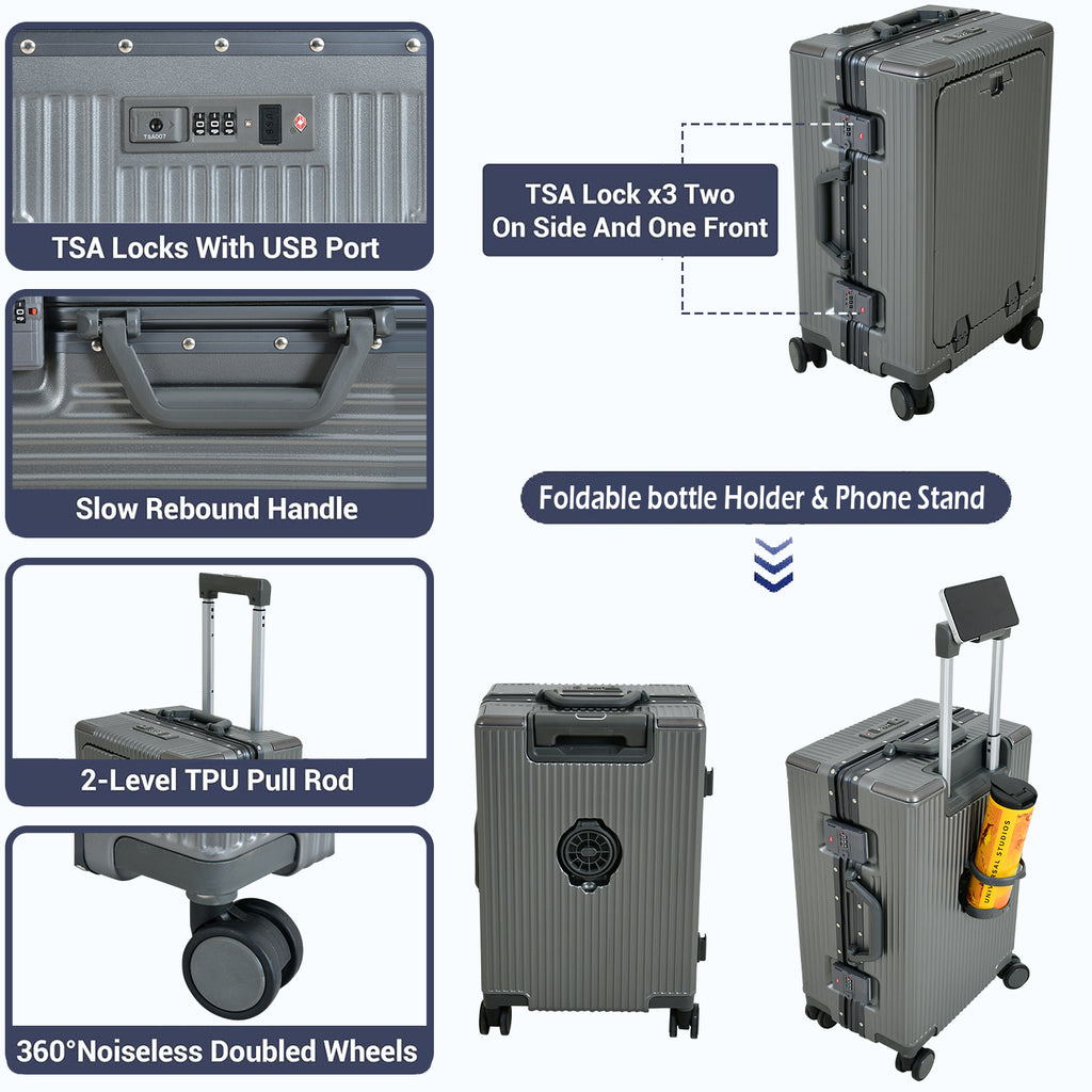 EverBest Executive 22 Inch Grey Cabin Luggage – Laptop Compartment, USB Port, TSA Lock | Aluminium Frame Polycarbonate Hardside Trolley