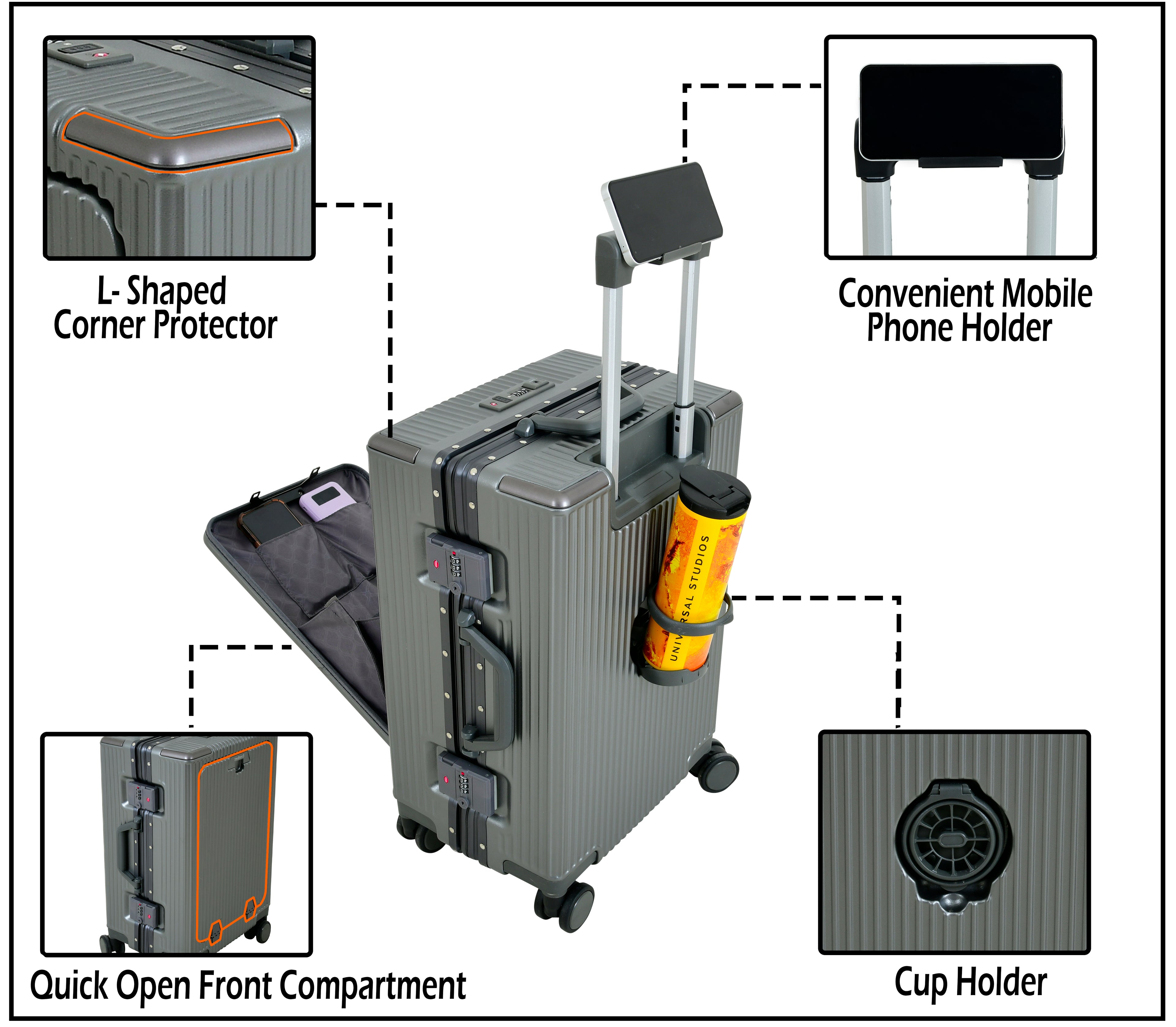 EverBest Executive 22 Inch Grey Cabin Luggage – Laptop Compartment, USB Port, TSA Lock | Aluminium Frame Polycarbonate Hardside Trolley