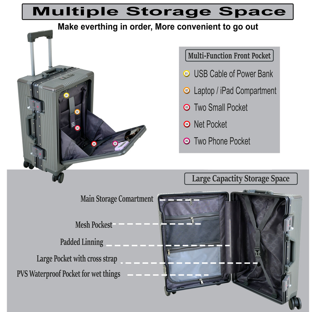 EverBest Executive 22 Inch Grey Cabin Luggage – Laptop Compartment, USB Port, TSA Lock | Aluminium Frame Polycarbonate Hardside Trolley
