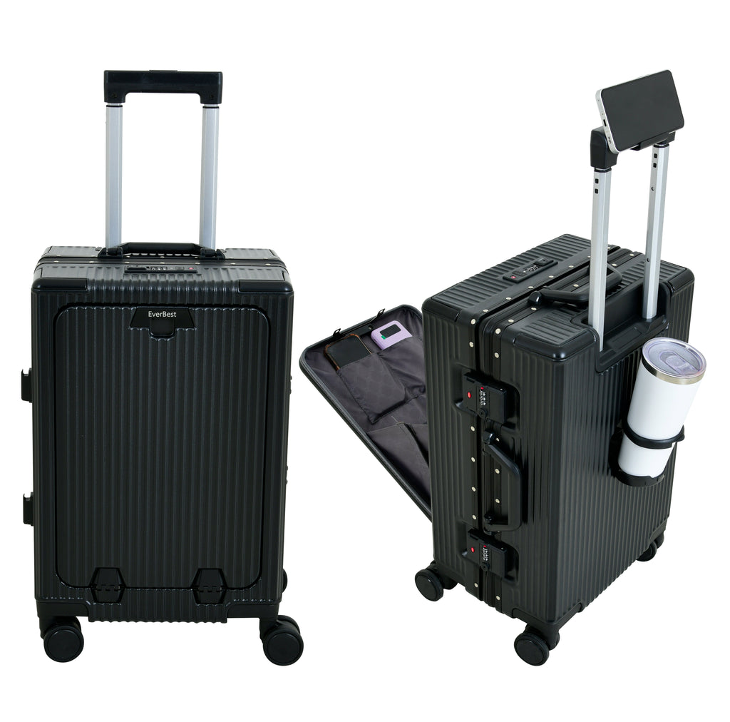 EverBest Executive 22 Inch Black Cabin Luggage – Laptop Compartment, USB Port, TSA Lock | Aluminium Frame Polycarbonate Hardside Trolley