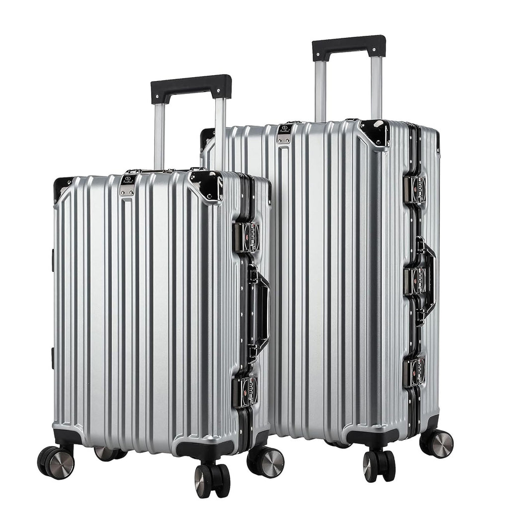 Vintage 22 And 26 Inch Sliver Aluminum Set Of 2 Suitcase  – Hard Shell Luggage with TSA Lock & Spinner Wheels