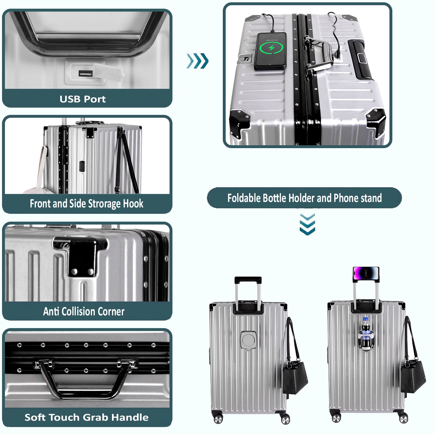 Vintage 22 Inch Sliver Aluminum Suitcase – Hard Shell Luggage with TSA Lock & Spinner Wheels