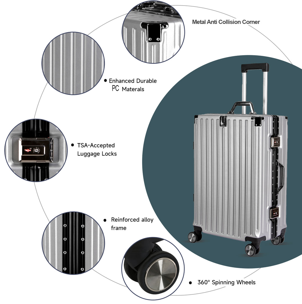 Vintage 22 Inch Sliver Aluminum Suitcase – Hard Shell Luggage with TSA Lock & Spinner Wheels