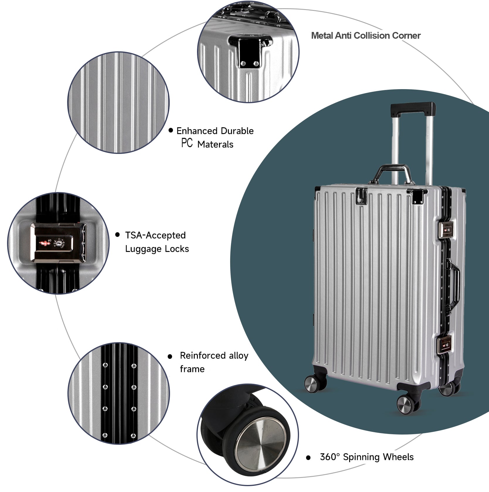 Vintage 22 Inch Sliver Aluminum Suitcase – Hard Shell Luggage with TSA Lock & Spinner Wheels