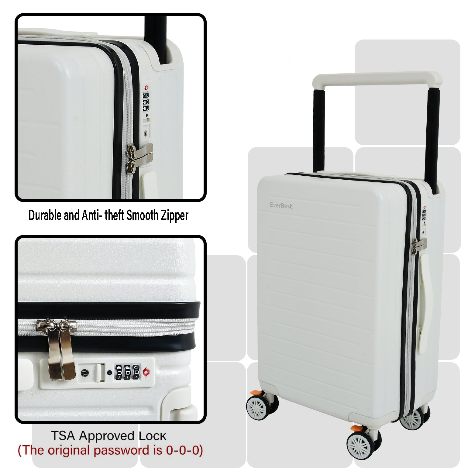 EverBest 22 Inch Wide Handle Zipper White Suitcase