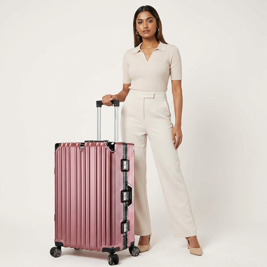 Vintage 26 Inch Pink Aluminum Suitcase – Hard Shell Luggage with TSA Lock & Spinner Wheels