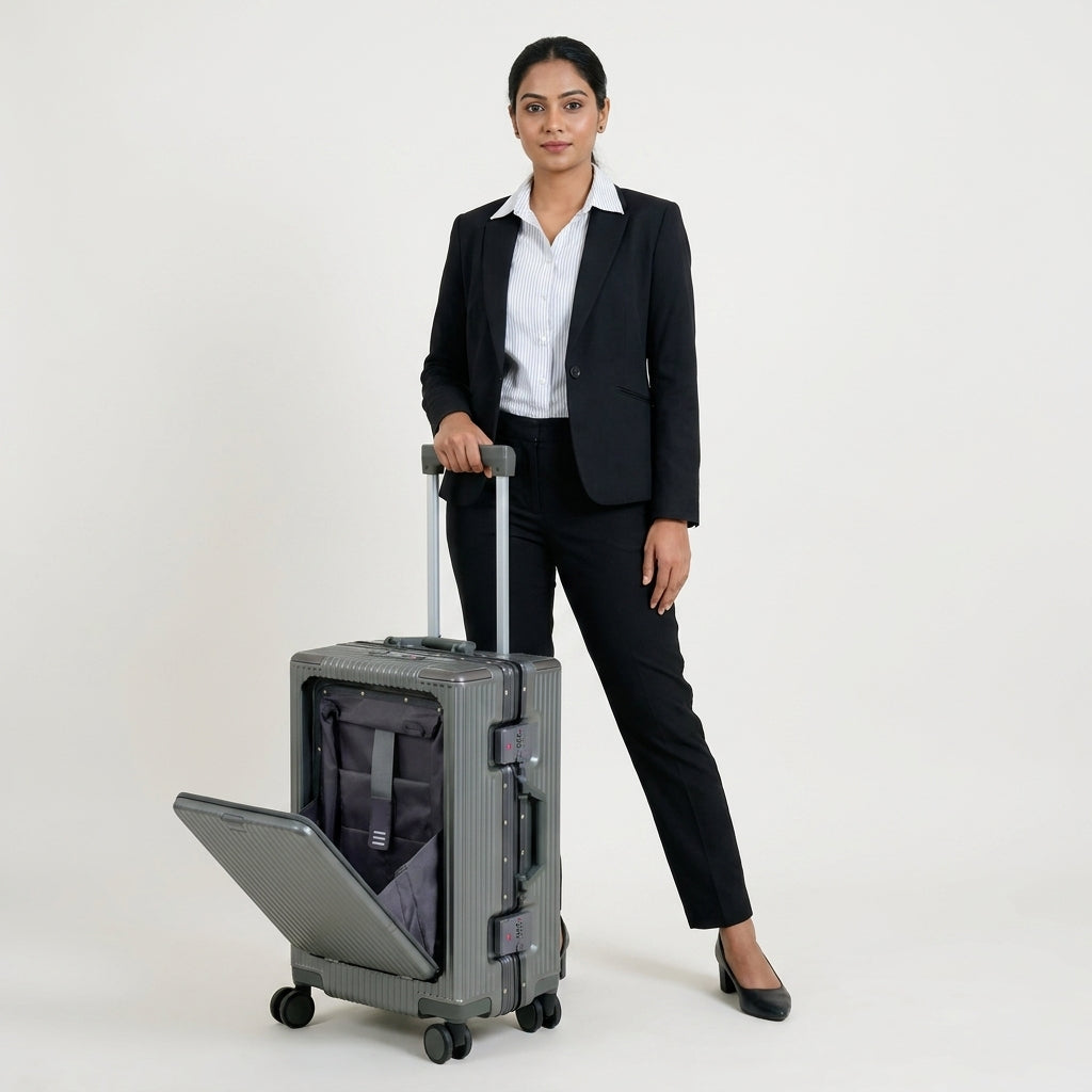 EverBest Executive 22 Inch Grey Cabin Luggage – Laptop Compartment, USB Port, TSA Lock | Aluminium Frame Polycarbonate Hardside Trolley