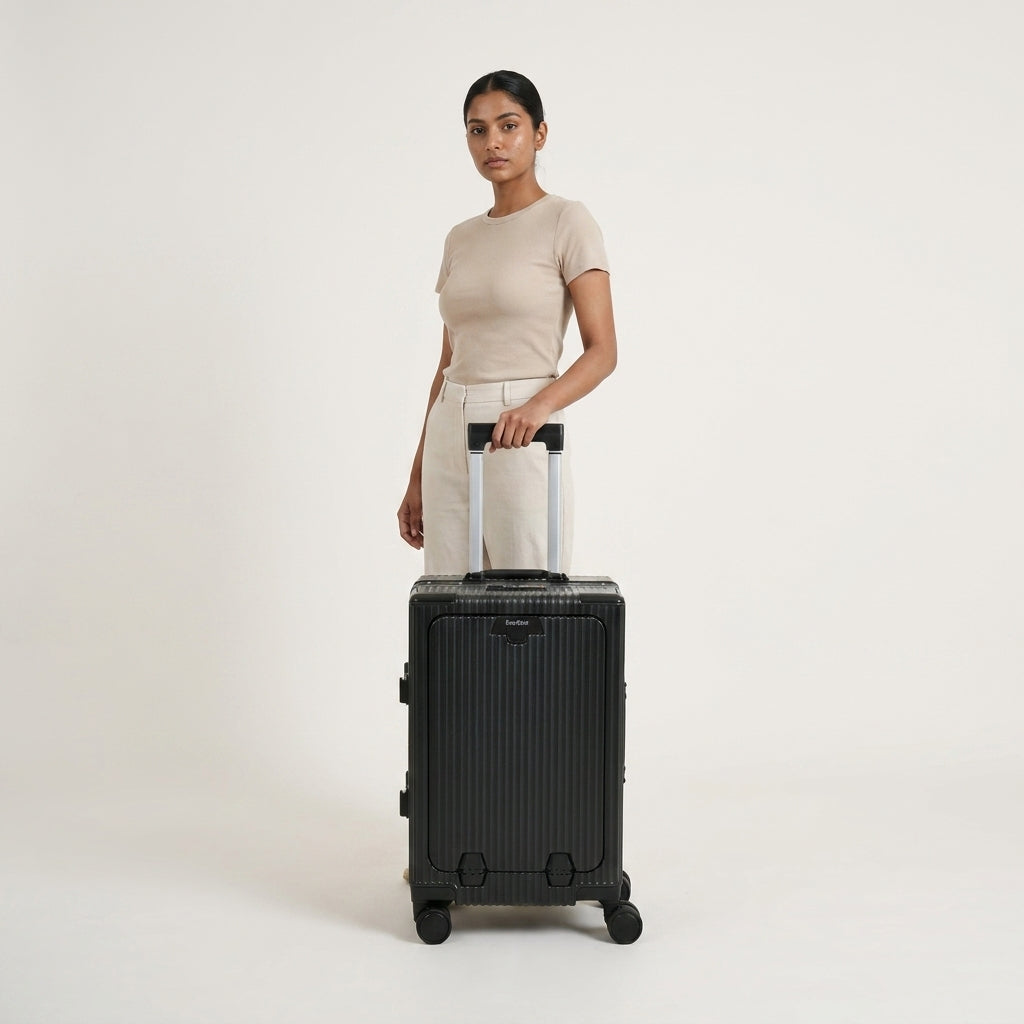 EverBest Executive 22 Inch Black Cabin Luggage – Laptop Compartment, USB Port, TSA Lock | Aluminium Frame Polycarbonate Hardside Trolley