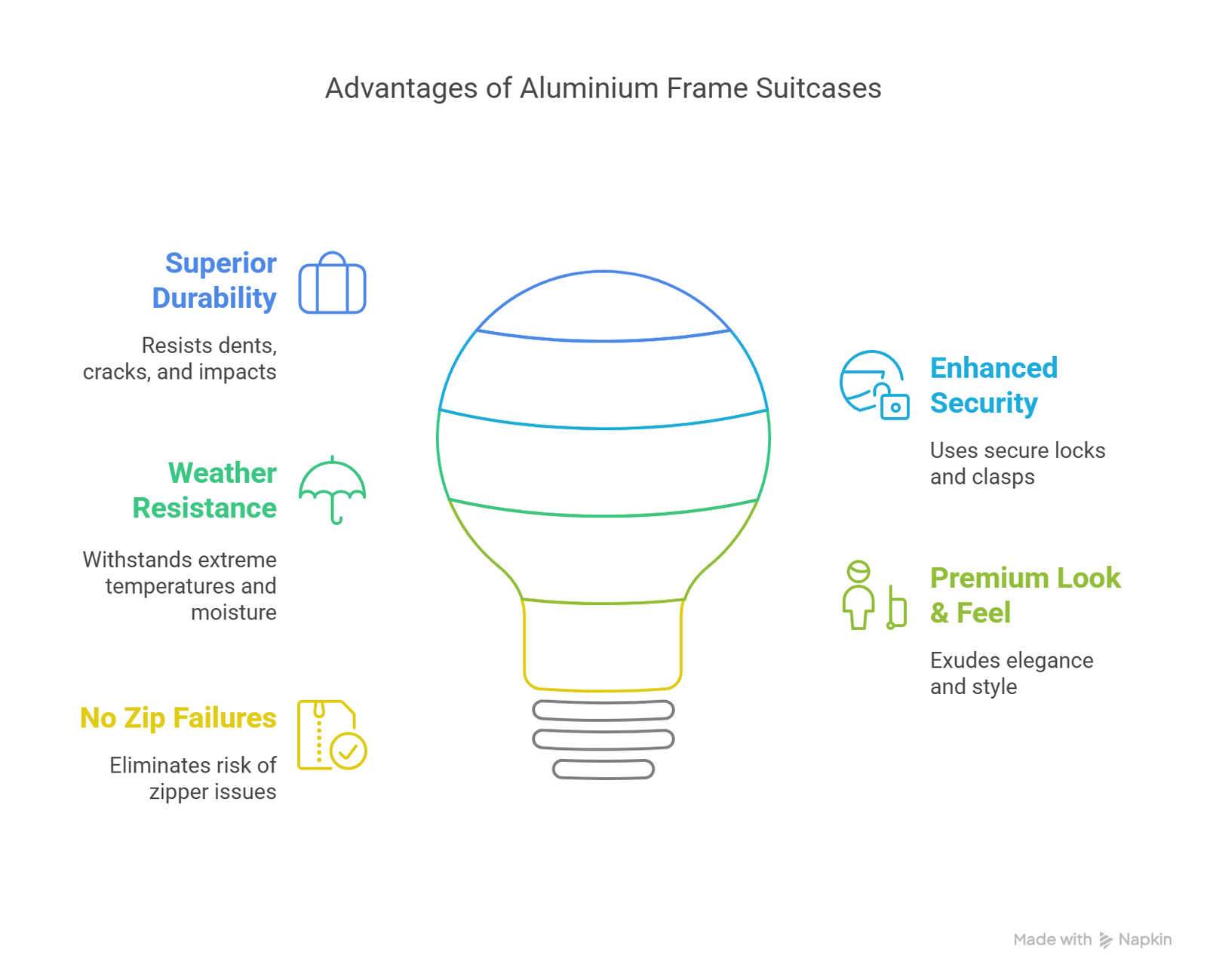 Infographic showing the benefits of aluminium frame suitcases including superior durability, weather resistance, no zip failures, enhanced security, and premium look and feel.