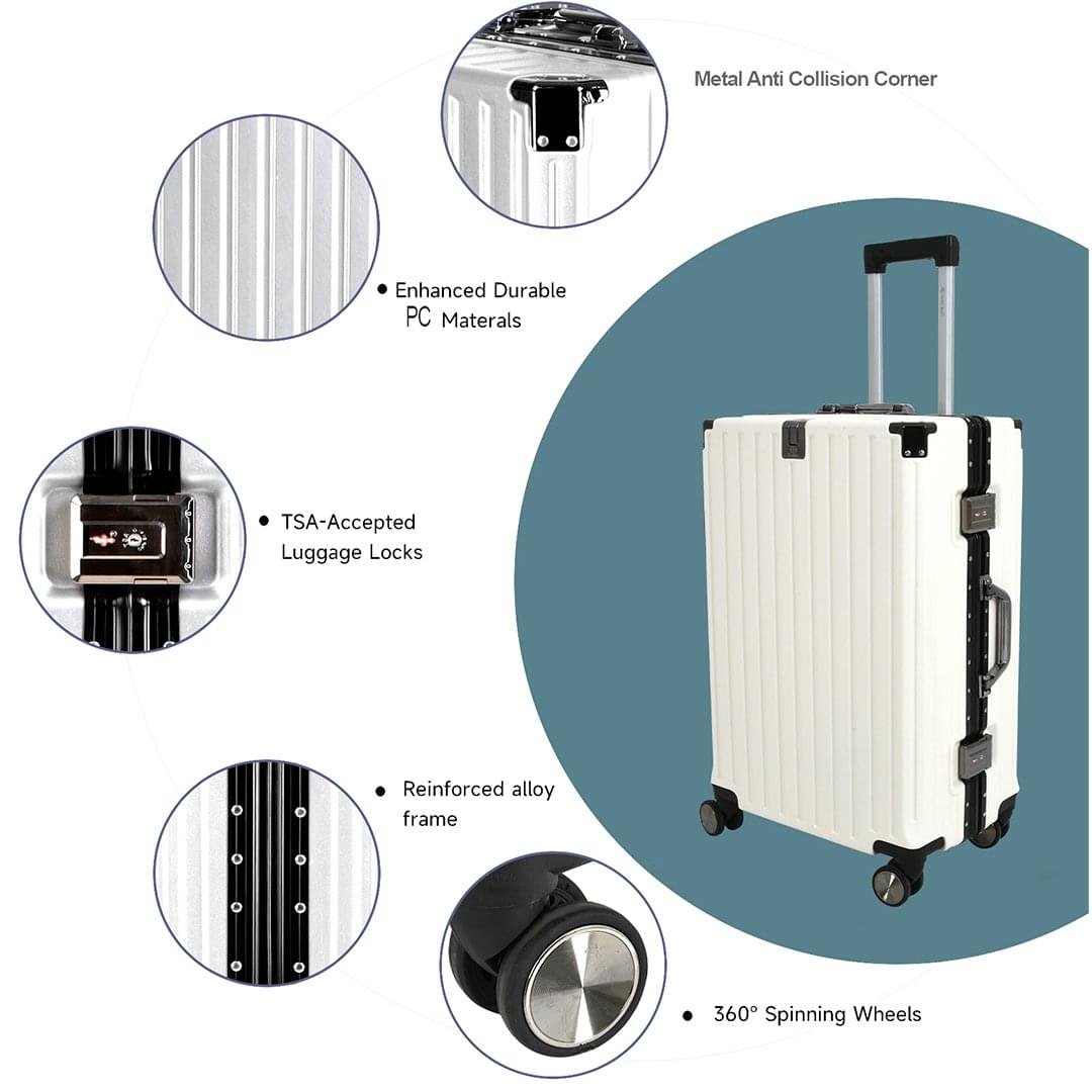 A luxury polycarbonate hard case suitcase with zipperless aluminium frame, TSA-approved locks, and 360° spinner wheels for smooth, hassle-free travel.